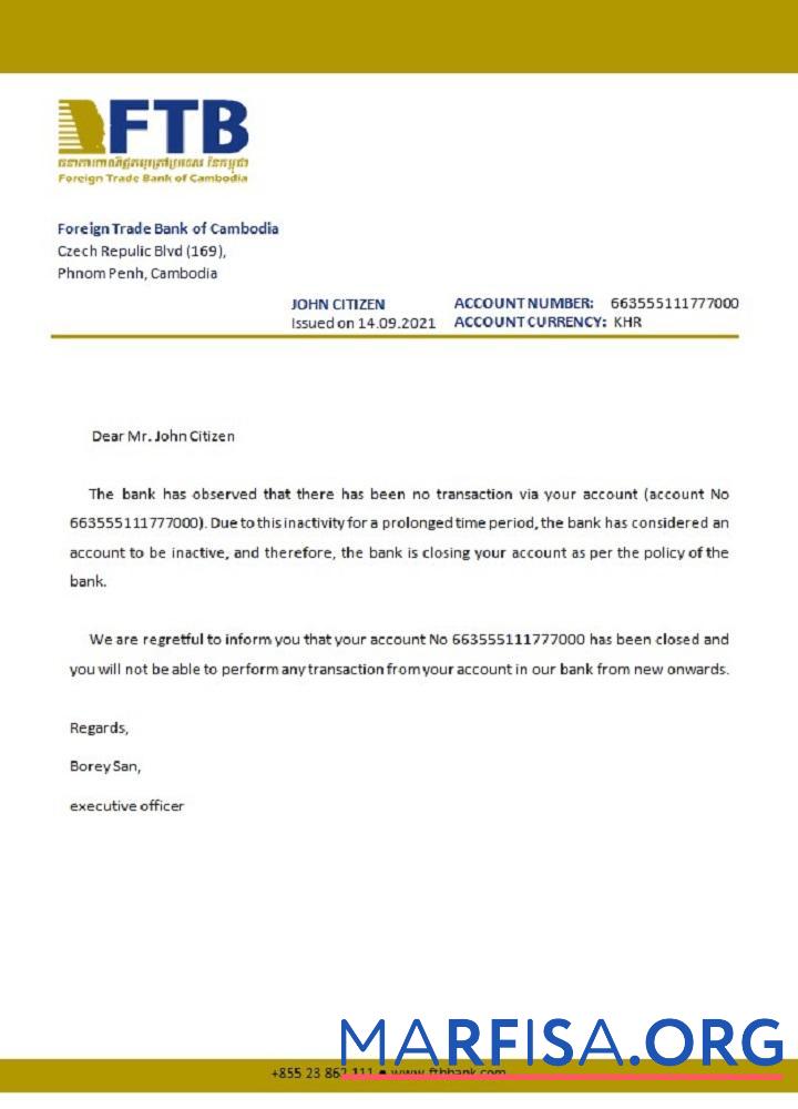 Printable Cambodia Foreigntradebank closure reference real example